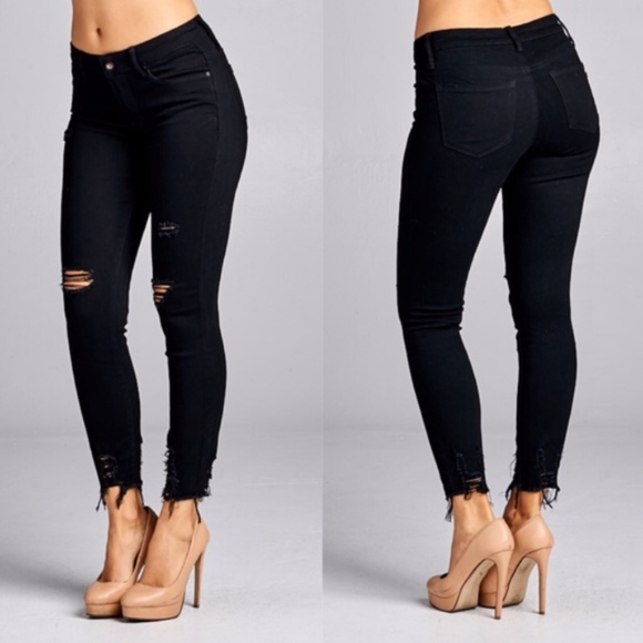 031 Black Distressed Frayed Hem Denim Skinny Jeans - Picture 2 of 2